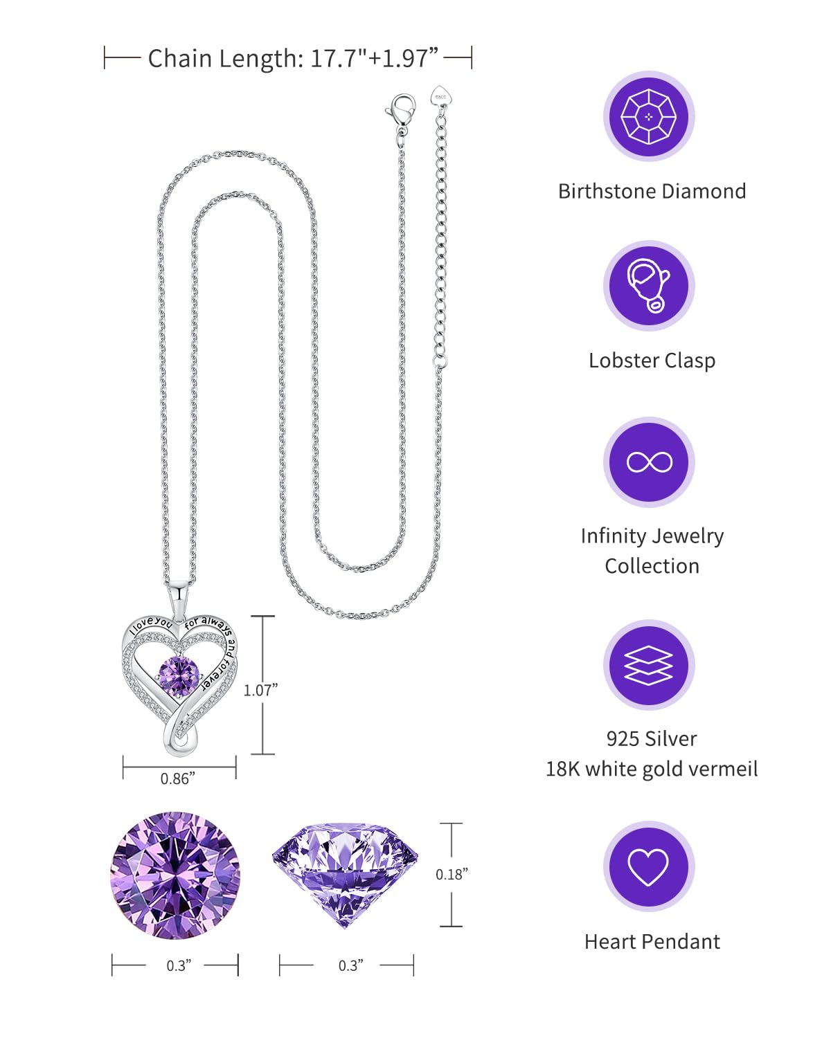 Mkhhy S925 Womens Necklace Infinity Heart Amethyst Birthstone Silver Womens Jewelry Her Anniversary Wife Birthday Gift Ideas Gir