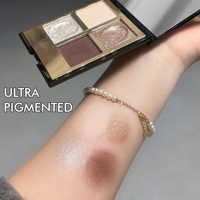 Eyeshadow Quad Makeup Palette – 4 Shades of Nude, Silver, Brown, Champagne Gold Tones, Blendable Matte & Shimmer, Long-Lasting Waterproof, Perfect for Mature & Young Women, with Built-In Mirror 04#