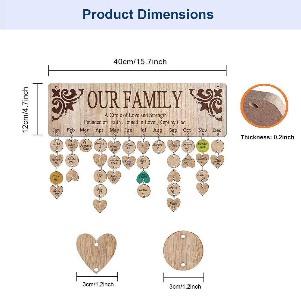 Birthday Gifts for Grandma, Wooden Family Birthday Tracker Calendar Board to Track Birthday, Mothers Day Birthday Gifts for Mom, Important Dates Reminder Plaque Wall Hanging for Mother Christmas Gift