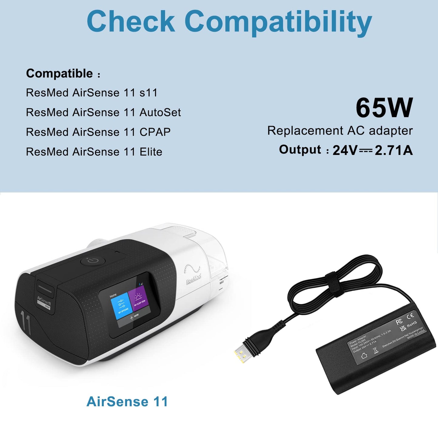 65W 24V 2.71A Power Supply Charger Compatible with ResMed AirSense 11 AutoSet Elite CPAP Air11 65W 39205 E1399 ResMed 390010 R390-7230 Power Cord resmed airsense 11 Charger