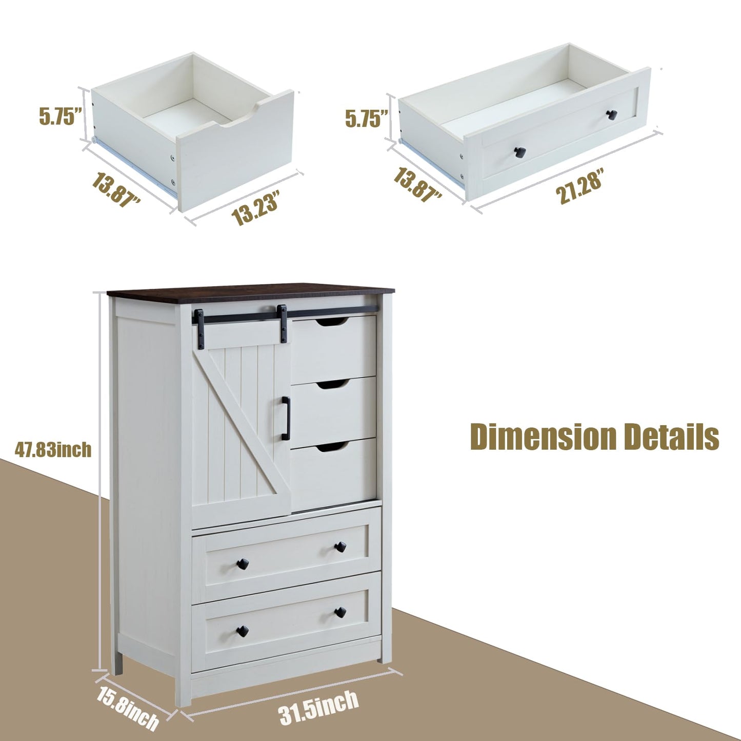 BLANKSPACE Antique White Dresser for Bedroom with 5 Drawers, 5 Chest of Drawers with Sliding Barn Door, Farmhouse Dresser for Living Room, Dining Room, Hallway
