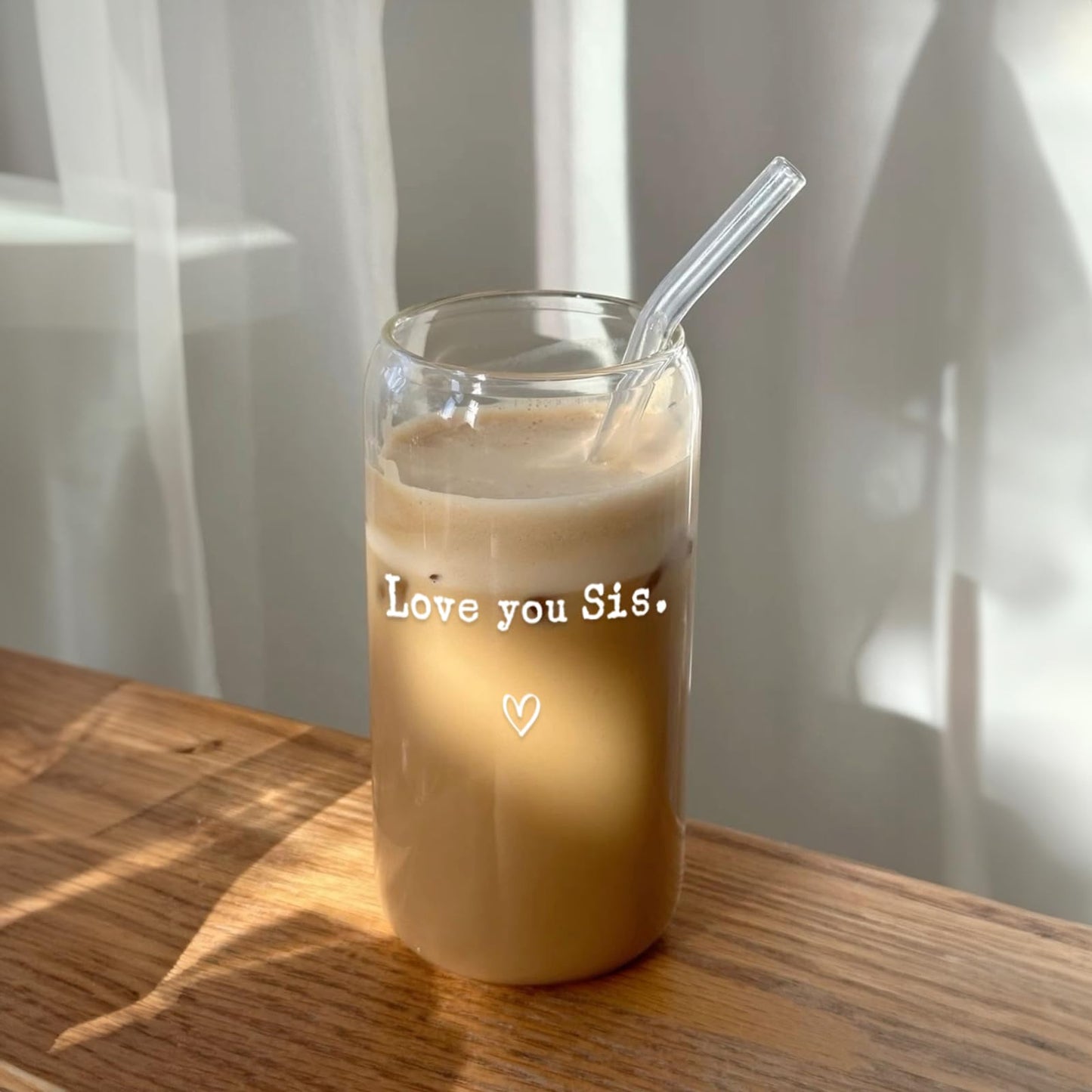 Mikopei Sister Gifts from Sister - Love You Sis Glass Cups with Lids and Straws, Best Big Soul Sisters Birthday Gifts for Women,Cute Iced Coffee Cup, 16 oz