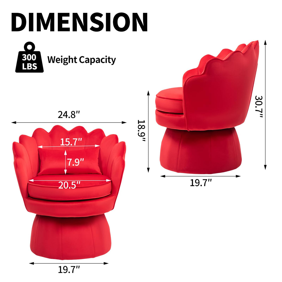 ZJhome 360° Swivel Accent Chair, Mid-Century Modern Velvet Barrel Chair, Comfy Shell Shape Arm Chair with Lumbar Pillow for Living Room, Bedroom, Office, Rose Red