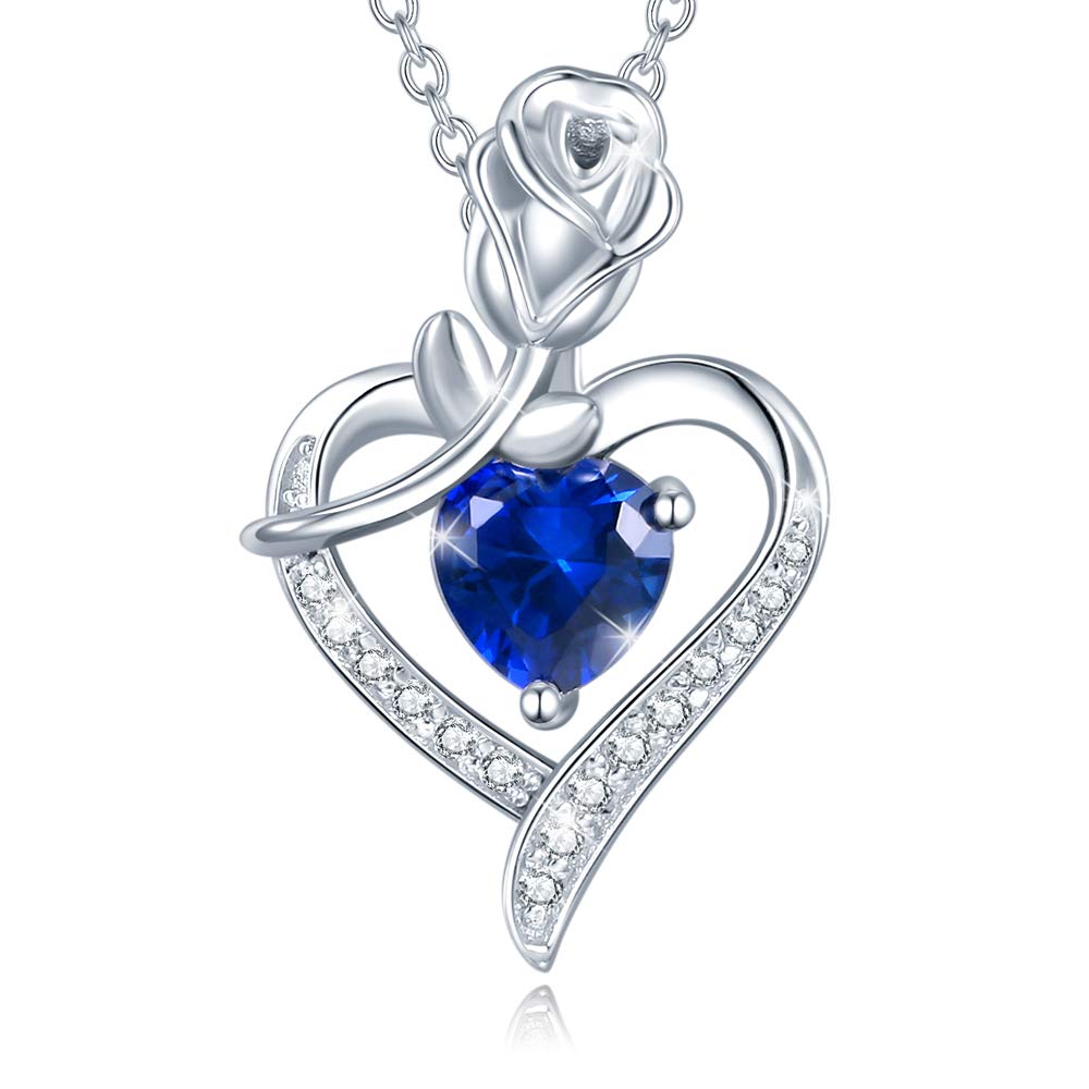 AGVANA September Birthstone Jewelry Sapphire Necklace for Women Sterling Silver Rose Flower Heart Pendant Necklace Fine Jewelry Anniversary Birthday Gifts for Women Wife Lady Her
