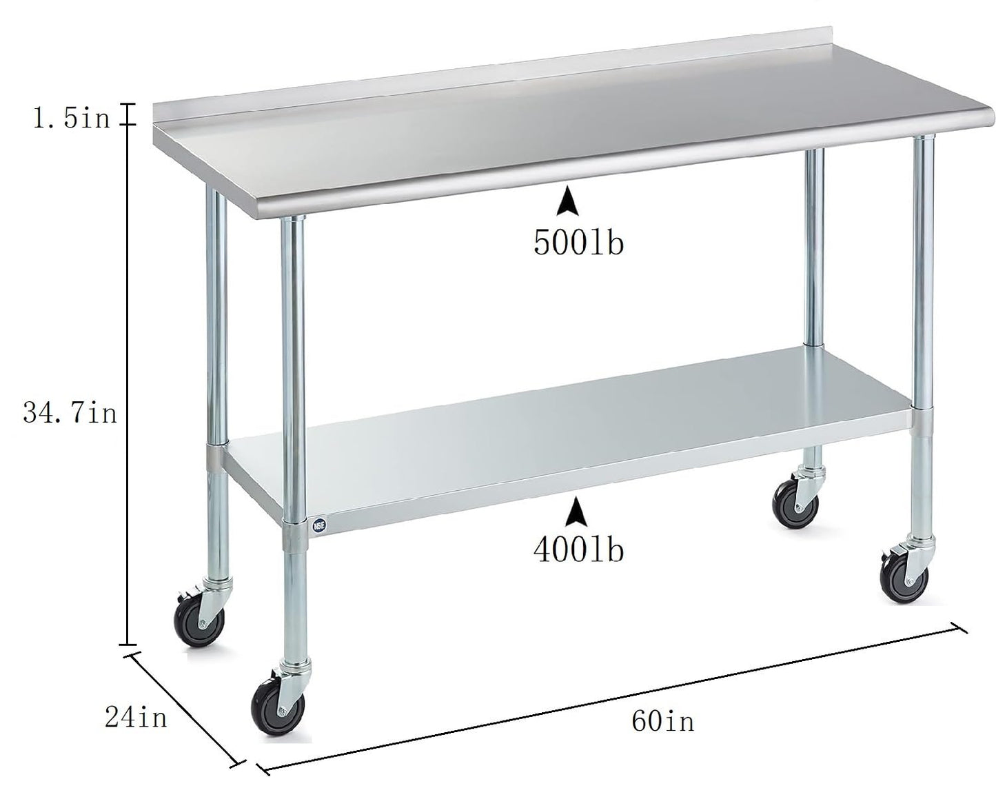 Stainless Steel Table for Prep & Work with Caster & Backsplash 24x60 Inches, NSF Metal Commercial Kitchen Heavy Duty Table with Adjustable Under Shelf and Table Foot for Restaurant, Home and Hotel