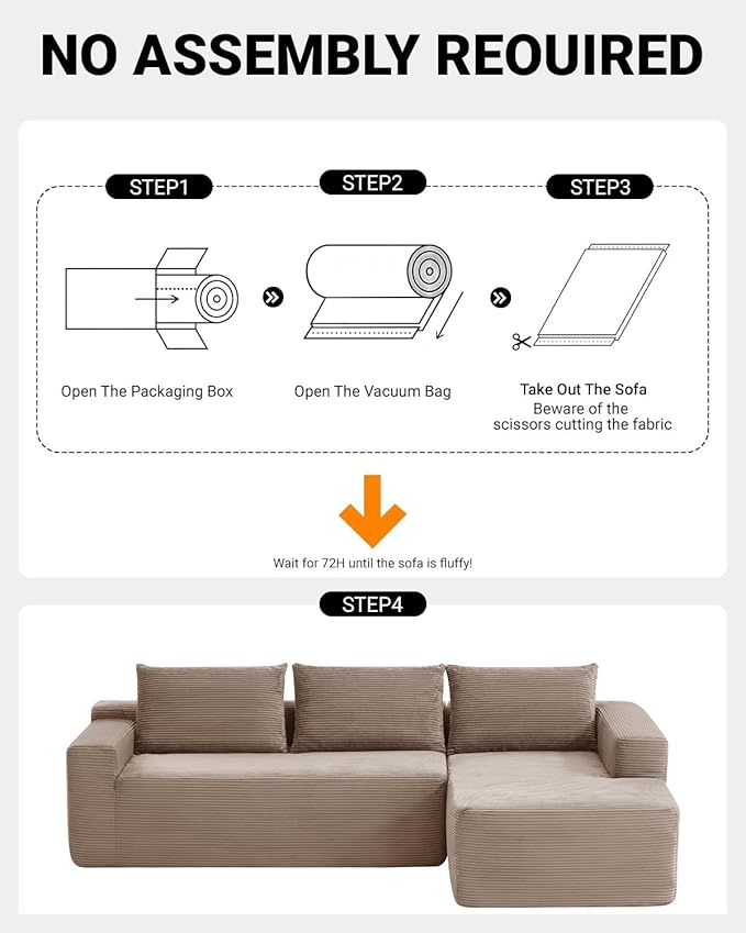 Vanress 97" Cloud Couch Sectional, Corduroy Boneless Couch with L-Shape Chaise,Modern Modular Sectional Sofa Comfy Deep Seat for Living Room, Bedroom, No Assembly (Camel, Right Facing Chaise)
