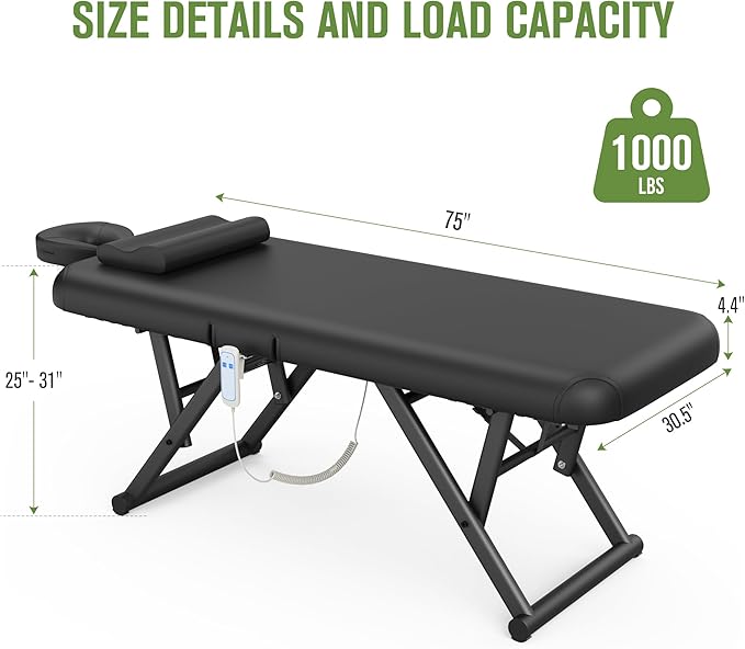 pouseayar Adjustable Massage Table with Face Pillow & Headrest, Sturdy and Solid, Silent and Easy to Adjust - Adjustable Backrest, Electric Leg Lifting, Black