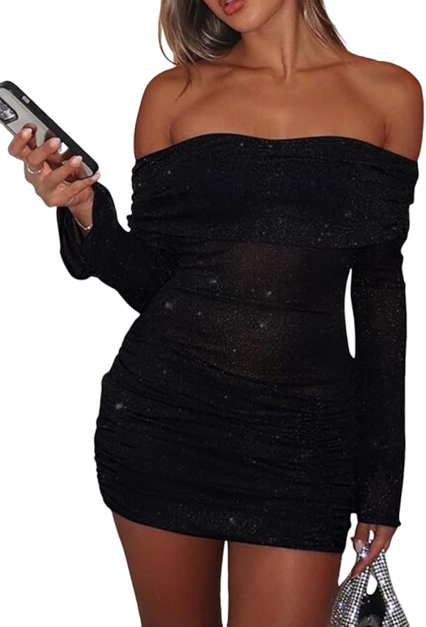 evonvola Women Sexy Off Shoulder Bodycon Ruched Mini Dress Mesh Sheer Sparkly Flared Long Sleeve Y2K Dress Date Night Dresses