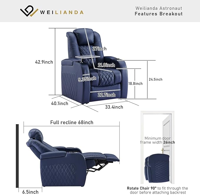 Weilianda Home Theater Seating Top Grain Leather Zero Gravity Recliner Chair Power Headrest Recline Movie Seat Gaming 7 Colors Mood Light Sofa with Tray Table USB Charge Row of 1 Blue