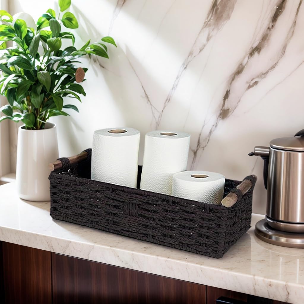 Rattanzenith Black Paper Rope Storage Basket with Wooden Handle – Handwoven Decorative Wicker Basket for Organizing Toilet Tank, Countertop, Cosmetics & Toilet Paper – 1PC