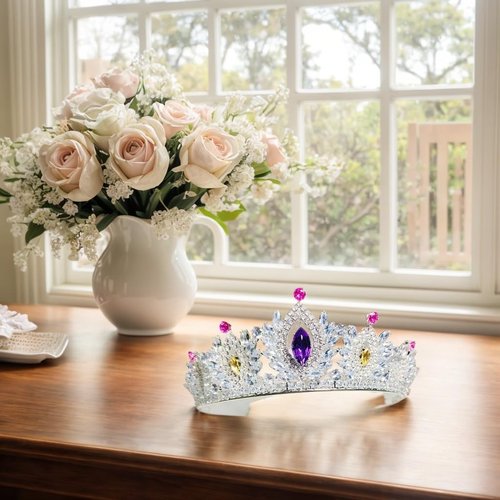 ZECAA Crystal Elegant Princess Tiara Crown For Woman, Multi-Gemstone Tiara Crown Headband With Amethyst, Pink Topaz and Citrine Stone, Silver Color