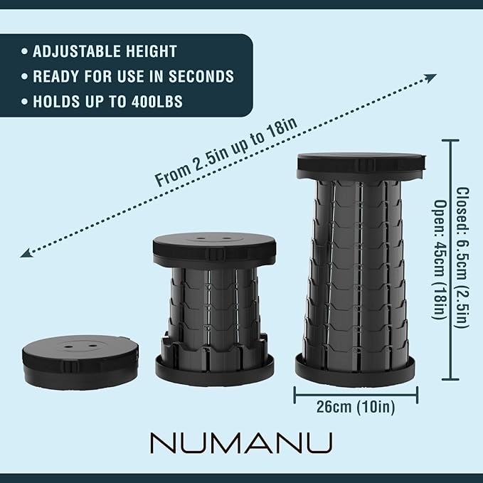 NUMANU 2PK Old-Gen Collapsible Stool, Max 400lbs, Adjustable Portable Folding Stool for Adults, Retractable Foldable Telescopic Seat Camping Chair or Footrest (2PK Old-Gen Hard Seat + Accessories)