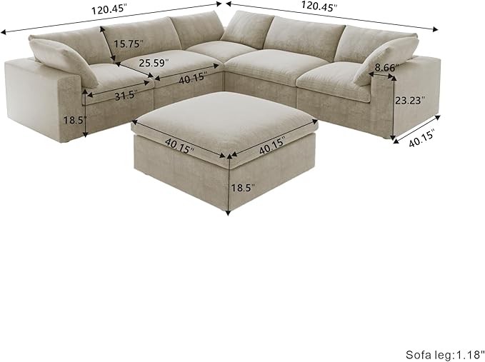 Cloud Couch Modular Sectional Sofa with Storage Ottomans,160.6" Down Filled 6 Seater Convertible Sectional Sofas,V Shaped Khaki Couch for Living Room,Covers Washable&Replaceable
