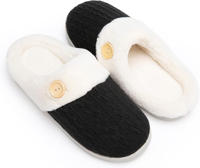 Chantomoo Womens Slipper Warm Comfy Memory Foam House Slippers Knitted Shoes Faux Fur Lined Anti-Skid Rubber Sole Bedroom ...