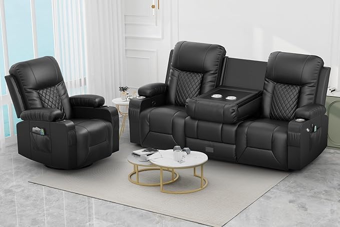 FURNIMAT Recliner Sofa Set with 3+1 Pieces in Living Room, 3 Seater Reclining Sofa with Flip Back Console, 1 Recliner Chair with Vibration Massage and Heat Single Sofa Seat