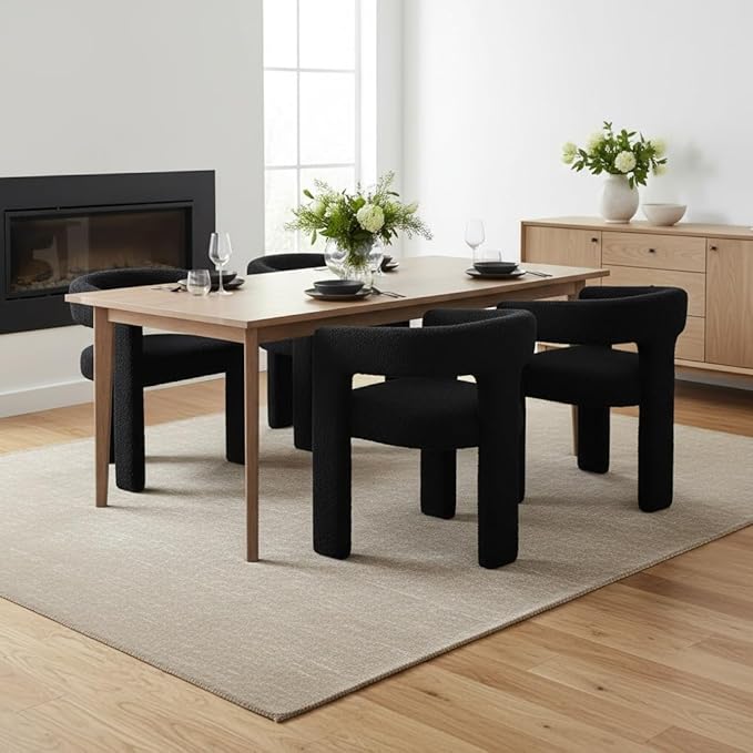 DAYALANE Modern Barrel Dining Chairs Set of 4, Upholstered Boucle Dining Room & Kitchen Chair with Curved Back, Comfy Accent Side Reading Armchair for Living Room Bedroom Kitchen Home Office, Black