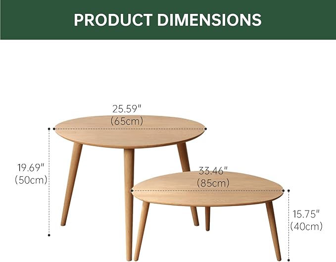 Vadisun Small Oval Nesting Table, Mid Century Coffee Table for Living Room,Solid Oak Wood End Tables,Triangle Tabletop with 3 Legs,Minimalist Display Living Tables (Original Wood Color, Combine)