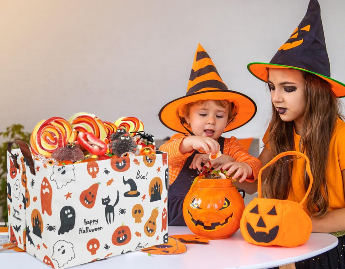 HIYAGON Trick or Treat Basket for Boys and Girls - Pumpkin Basket for Halloween Parties - Cute Storage Bin Organizer Box - Rectangular Room Decor