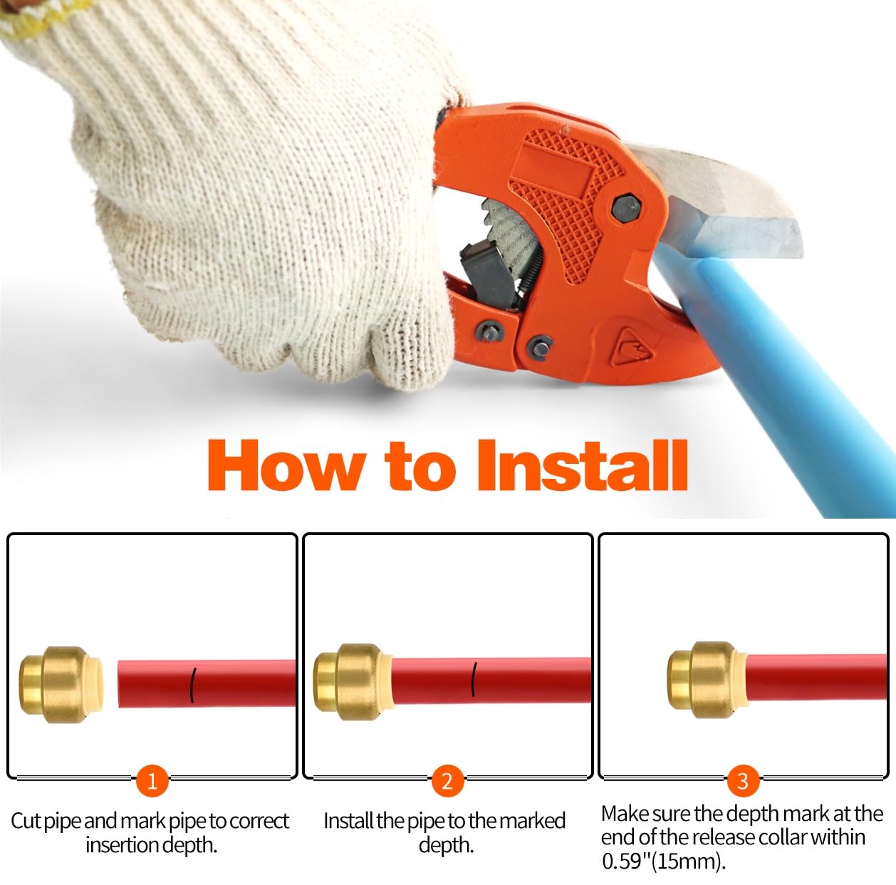 6 Pack Push-to-Connect Plumbing Fittings, 1/2" Pushfit End Cap Fittings with Disconnect Clip for Copper, PEX, CPVC Pipe