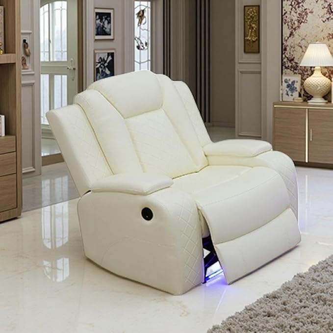 Toseslo Power Leather Recliner Chair Set with LED Light, Leather Reclining Set, Living Room Furniture Sets, Modern Power Recliner Sets for Living Room/RV/Apartment(Creamy White)