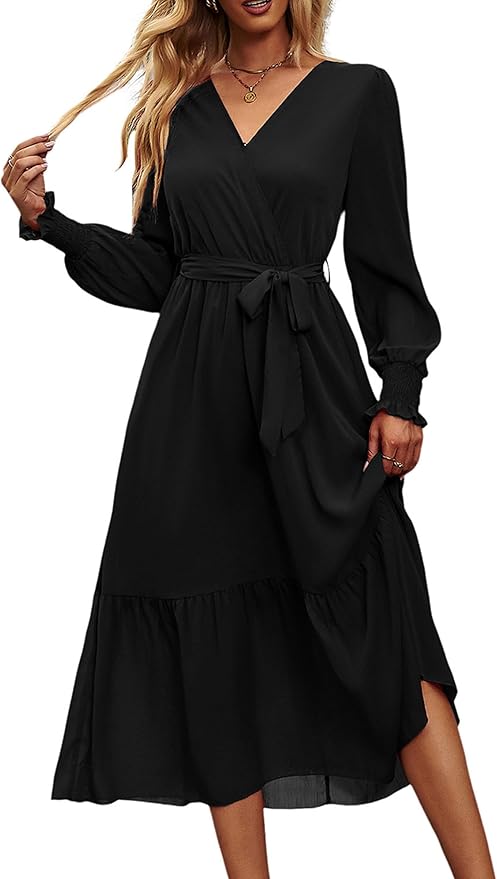 PRETTYGARDEN Women's Floral Boho Dress Fall Long Sleeve Wrap V Neck Ruffle Flowy Maxi Spring Wedding Guest Vacation Dresses
