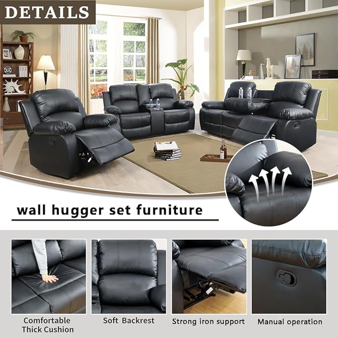 A Ainehome Living Room Furniture Set Leather Recliner Sofa Set Loveseat Chair Furniture Sofa Set for Living Room/Small Space/Rv/House/Office/Theater Seating (A-Black Leather, 3 Piece Set)