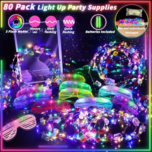 80 Pcs Glow in the Dark Party Supplies Light Up Party Favors 40 LED Light Up Glasses 40 LED Flower Crown Headband Glowing ...