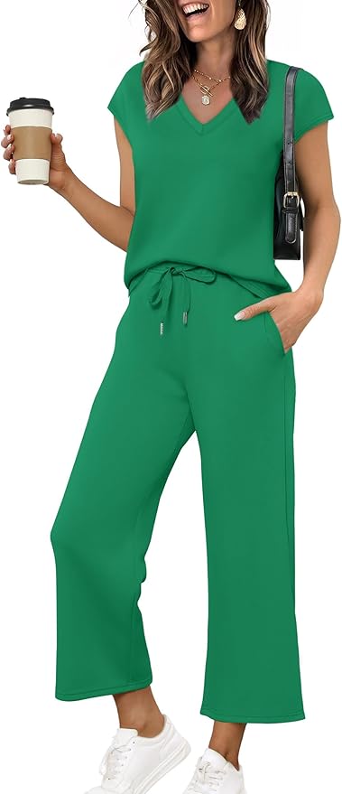 Saloogoe Two Piece Sets for Women Summer Outfits Lounge Sets V Neck Tops Wide Leg Pants Woman Vacation Travel Outfits