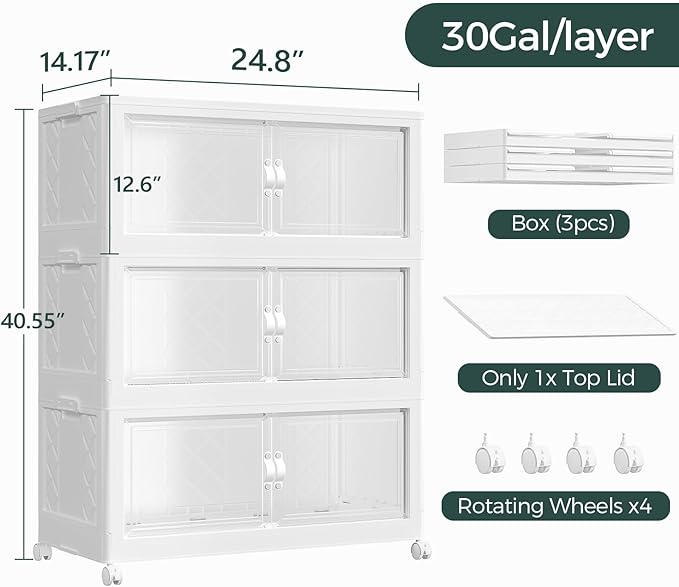 90Gal Stackable Storage Bins with Lid and Wheels, 360QT Plastic Collapsible Storage Boxes with Doors, Closet Organizer and Storage Cabinet for Home Kitchen Office Dorm Room, 3Pack White