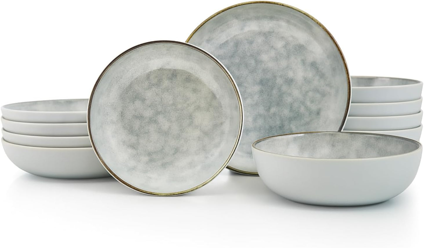 TP 12-Piece Dinnerware Set, Melamine Dishes Set with Bowls and Plates, Non-breakable and Lightweight Round Dinner Set for 4, Grey