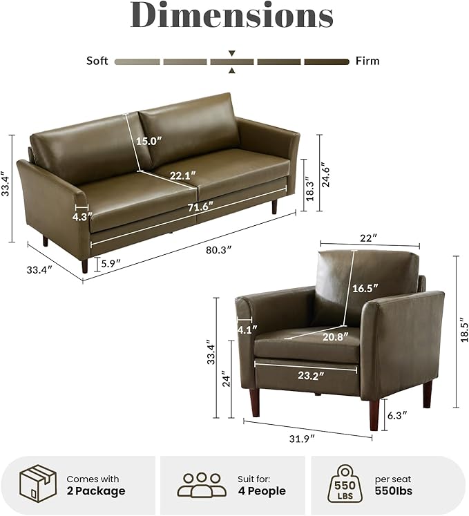 Kingfun Faux Leather 3 Seat Couch Set for Living Room, Mid Century Modern Sofa with Rolled Arms and Deep Seats, Fluffy Comfort for Apartment, Easy to Assemble, Olive Green Sofa and 2 Loveseat