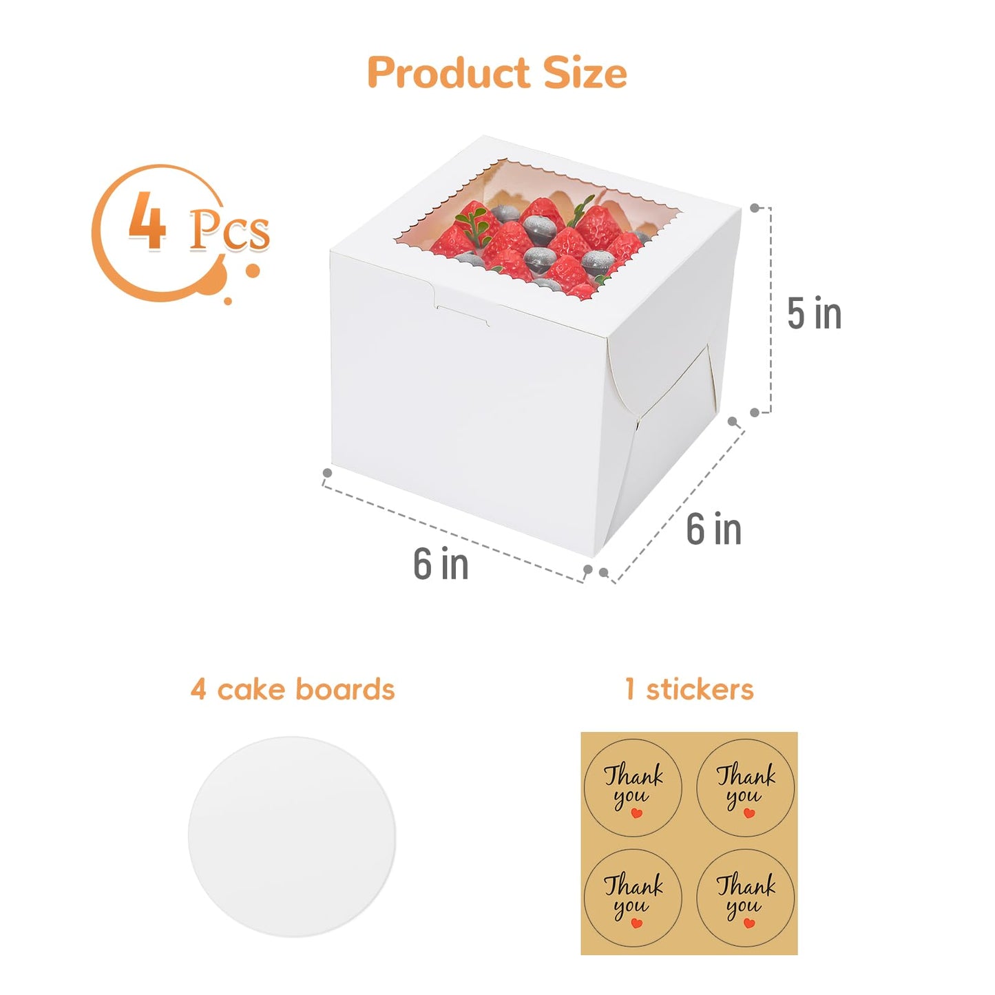 EQOREIIN 4pcs 6 Inch Cake Boxes with Sticks and Boards for Cookies, Small Cakes, Mini Desserts, Bento, and Bakery, Cupcake Box for Birthday, Party, Wedding, Mother's Day, Christmas（6x6x5 inch）