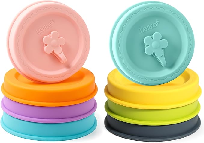 Silicone Mason Jar Lids, Regular and Wide Mouth Compatible, with Straw Hole and Stopper (Assorted Colors 8PCS)