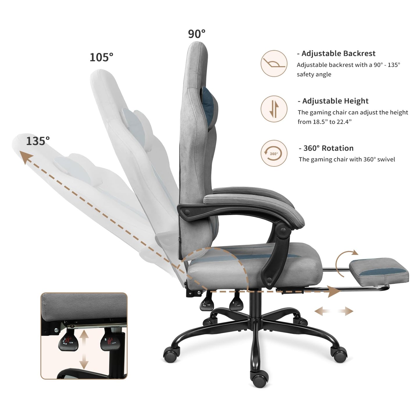 ErgoDesign Breathable Fabric Gaming Chair with Footrest, Height Adjustable Game Chair, Video Gaming Chair for Gaming Room, Living Room and Office - Light Grey/Blue