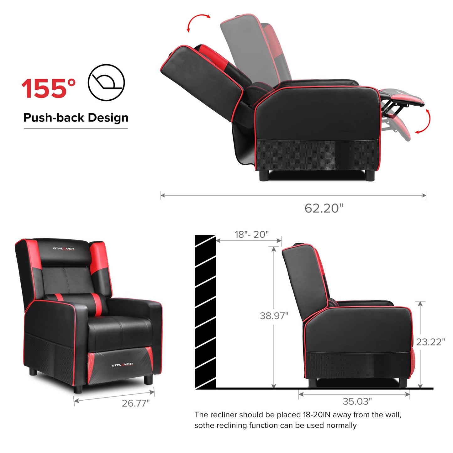 GTPLAYER Gaming Recliner Chair for Living Room Racing Style Single PU Leather Gaming Sofa for Adults Modern Game Recliners Ergonomic Comfortable Home Theater Seating, Red