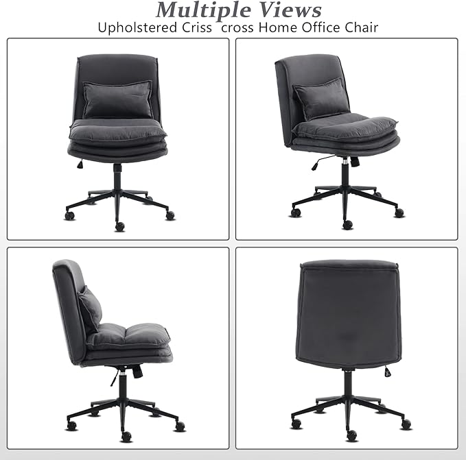VINGLI Cloud Criss Cross Legged Chair,18" High Back Armless Home Office Desk Chair with Wheels,Wide Adjustable Comfy Padded Seat Task Computer Chair,Modern Swivel Makeup Vanity Chair,Microfiber,Grey