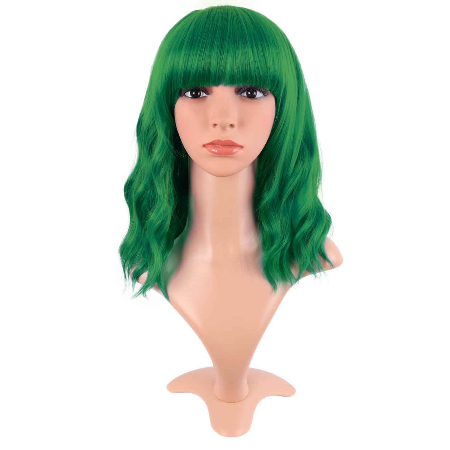 MapofBeauty 14 Inch/35 cm Short Wavy Curly Women Fresh Bright Synthetic Ordinary Flat Bangs Bob Wig (Grass Green)