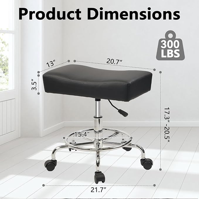 Heavy Duty Extra Wide Rolling Stool PU Leather Thickened Seat Cushion with Foot Rest Adjustable Height Swivel with Wheels for Spa Salon Tattoo Work Massage Barstool, Black, 1 Pack