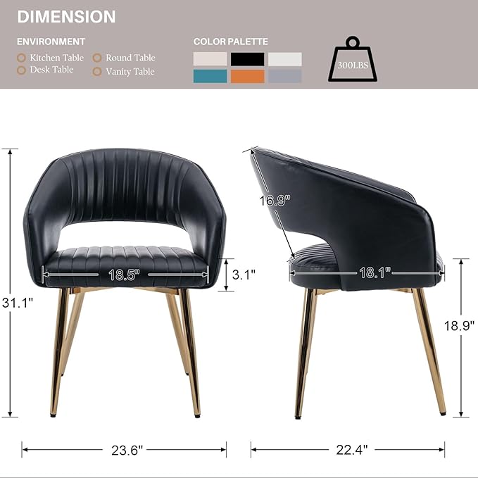 COMULER Faux Leather Dining Chairs Gold Legs, Modern Black PU Leather Dining Room Chairs with Arms Set of 6 Upholstered Accent Chair Armchair with Barrel Back for Kitchen Living Room