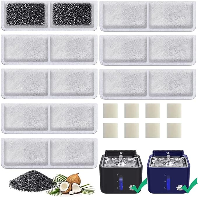Kastty 8 Pack Replacement Filters and Pump Filters for Battery Operated Cat Water Fountain, Made of Activated Carbon and P...