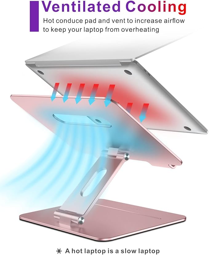 brocoon Adjustable MacBook Pink Laptop Stand for Desk | Ergonomic Aluminum Laptop Riser with Heat-Vent, Compatible for 10-17" Laptops, Rose Gold