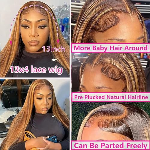 SIFULAN 13x4 Honey Blonde Lace Front Wig Human Hair 180 Density 22 Inch Highlight Ombre Straight HD Transparent Lace Pre Plucked Human Hair Wigs for Women P4/27 Color