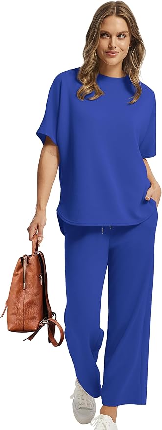 Sampeel Two Piece Sets for Women Summer Outfits Oversized Wide Leg Crop Pants Lounge Sets Airport Beach Vacation Clothes