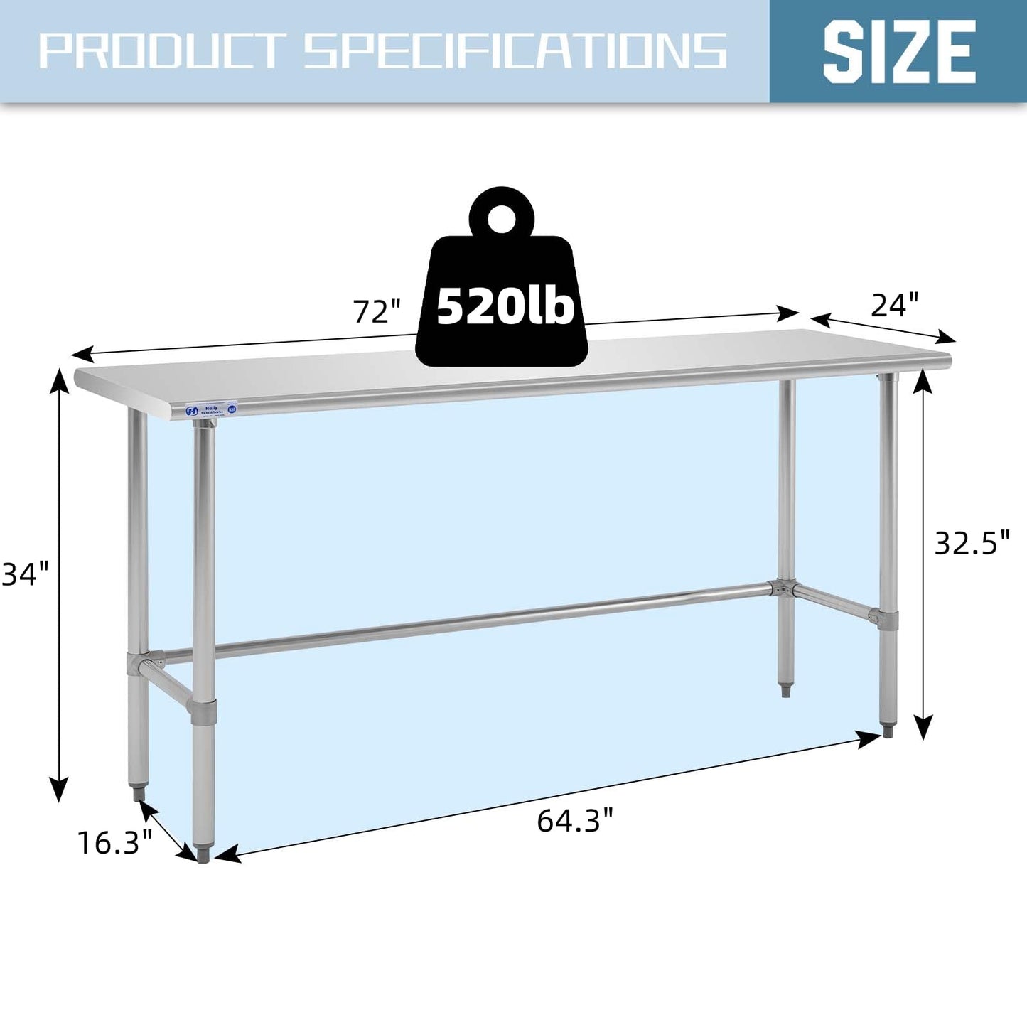Hally Open Base Stainless Steel Table 24 x 72 Inches, NSF Commercial Heavy Duty Prep & Work Table with Galvanized Legs for Restaurant, Home and Hotel