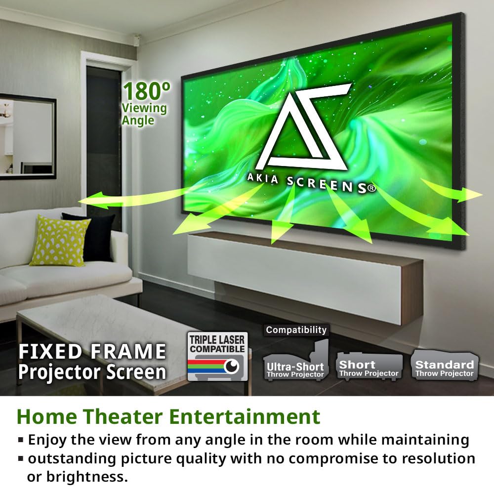 Akia Screens Fixed Frame Projector Screen 120-Inch, 16:9, Wall Mount, CINEWHITE UHD-B, 4K/8K Ready, Indoor Home Theater, AK-FF120WH2