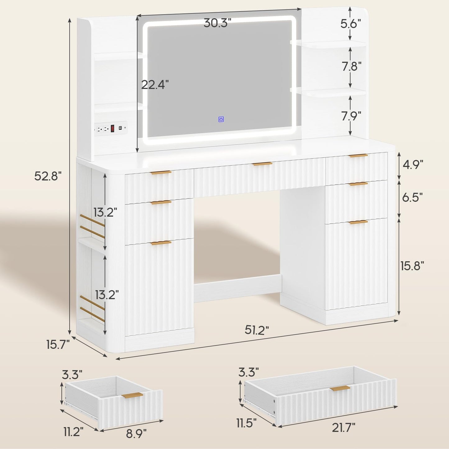 HAUOMS 51.2" Fluted Makeup Vanity Desk with Large 30.3" Mirror and Lights, 5 Drawer Vanity with Power Strip, 6 Open Shelves, 2 Cabinet，Modern Dressing Table with Solid Wood Legs for Bedroom, White