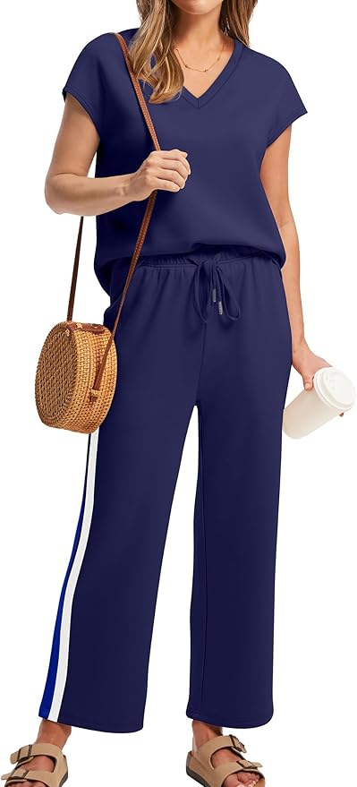 Saloogoe Two Piece Sets for Women Summer Outfits Lounge Sets V Neck Tops Wide Leg Pants Woman Vacation Travel Outfits