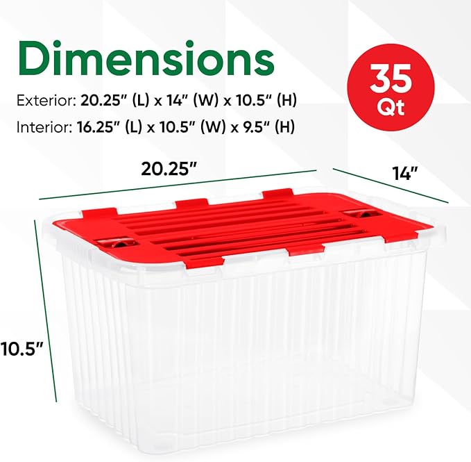 Superio Christmas Storage Box with Red Hinged Lids, Plastic Container Bins for Organizing with Attached Lid, Stackable Crates, BPA Free, Organizers for Home and Office, 35 Quart (20.25"x14"x10.5")