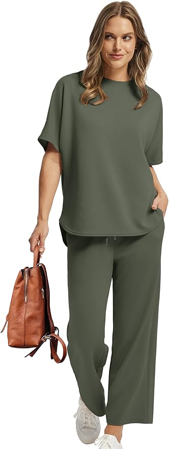 Sampeel Two Piece Sets for Women Summer Outfits Oversized Wide Leg Crop Pants Lounge Sets Airport Beach Vacation Clothes
