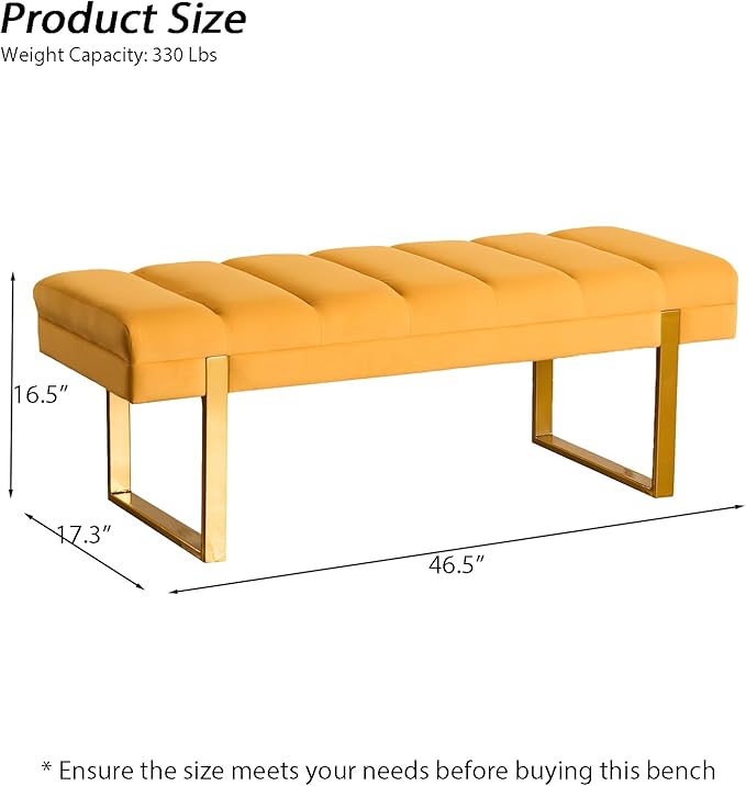 AIITTCC Velvet Ottoman Bedroom Bench, 46.5" Tufted Padded End of Bed Bench with Gold Legs, Upholstered Shoe Bench for Living Room Entryway Window (Mustard Yellow, 46" Wide)
